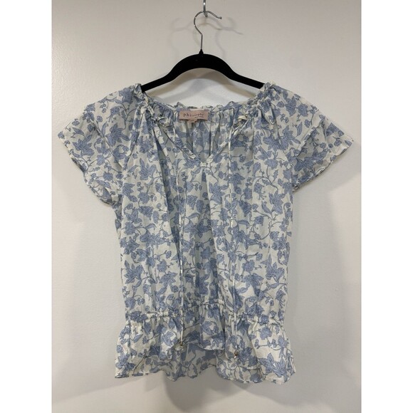 Philosophy Peasant Top Women’s Large  Flutter Sleeves Blue White Toile Floral - Picture 2 of 10